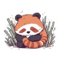 Cute cartoon red panda bear sleeping on bamboo. Vector illustration.