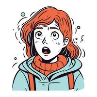 Surprised redhead girl in winter clothes. Vector illustration.