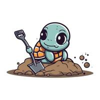 Cute turtle with shovel. Vector illustration on a white background.