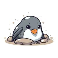 Cute penguin sitting on the rock. Cartoon vector illustration.