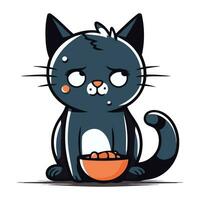 Cute cartoon cat with a bowl of food. Vector illustration.