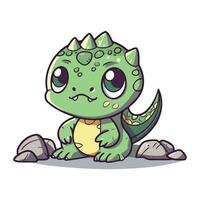 Cute little green iguana sitting on the rock. Vector illustration