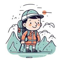 Cute boy with backpack hiking in mountains. Vector cartoon illustration.