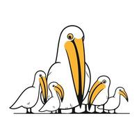 Pelican family vector illustration. Cartoon pelican with chicks.