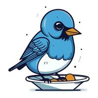 Vector illustration of a blue bird sitting on a plate with eggs.