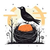 Vector illustration of a black crow sitting in a nest with an egg.
