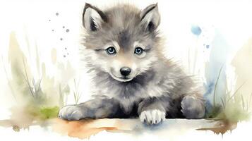 a cute little Wolf in watercolor style. Generative AI photo