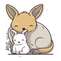 Cute cartoon kangaroo and little rabbit. Vector illustration.