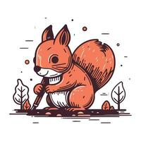 Squirrel in the forest. Hand drawn vector illustration in cartoon style.