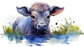 a cute little Water Buffalo in watercolor style. Generative AI photo