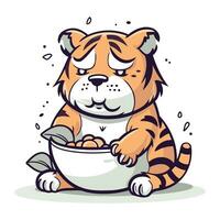 Cute tiger with bowl of food. Vector illustration in cartoon style.