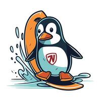 Penguin with surfboard. Vector illustration. Isolated on white background.
