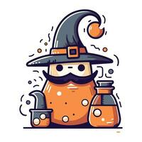 Cute cartoon snowman with a witch hat and potion. Vector illustration