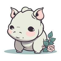Cute baby rhinoceros with flower. Vector illustration.