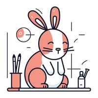 Vector illustration of a cute rabbit sitting on the floor and drawing.