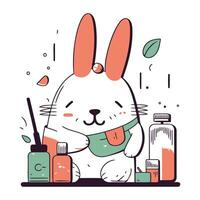 Vector illustration of cute white hare and cosmetics. Cute cartoon character.