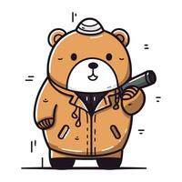 Cute bear in winter jacket with a baseball bat. Vector illustration.