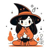 Cute little witch sitting on the floor and holding a magic wand. Vector illustration.