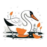 Swan on the pond. Vector illustration in flat cartoon style.