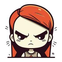 Angry cartoon girl with red bandana on head. Vector illustration.