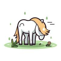 Vector illustration of a cute white horse on a green meadow.