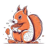 Cute squirrel sitting on ground and eating corn. Vector illustration.