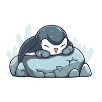 Cute penguin sleeping on a rock. Vector cartoon illustration.