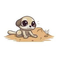 Cute cartoon dog sitting on the sand. Vector illustration on white background.