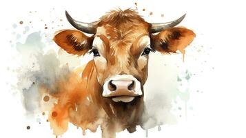 a cute little Zebu Brahman cattle in watercolor style. Generative AI photo