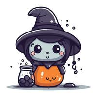 Cute cartoon witch with a pot of potion. Vector illustration.