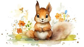 a cute little Squirrel in watercolor style. Generative AI photo