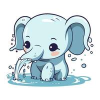 Cute baby elephant playing with water. Vector illustration in cartoon style.