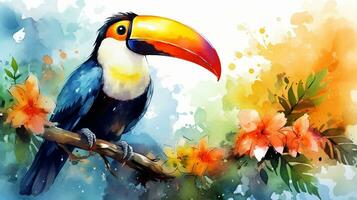 a cute little Toucan in watercolor style. Generative AI photo