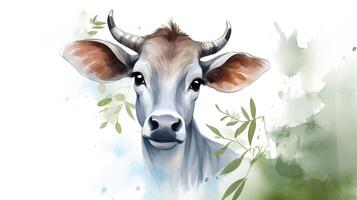 a cute little Zebu Brahman cattle in watercolor style. Generative AI photo