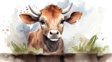 a cute little Zebu Brahman cattle in watercolor style. Generative AI photo