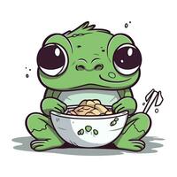 gracioso rana comiendo un cuenco de cereales. vector ilustración.