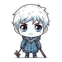 Cute little boy in winter clothes. Vector illustration. Cartoon character.