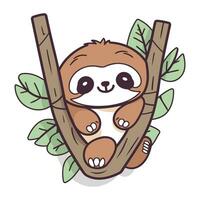 Cute cartoon sloth hanging on a tree. Vector illustration.