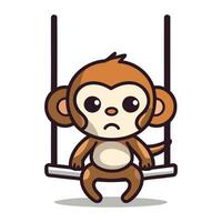Cute monkey on swing cartoon character vector illustration. Funny monkey sitting on swing.