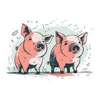 Vector hand drawn illustration of two pigs. Isolated objects on white background.