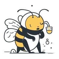 Cute cartoon little bee with a mouse. Vector illustration in doodle style.