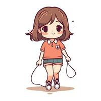 Cute little girl playing with a skipping rope. Vector illustration.