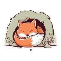 Cute cartoon fox in a hole. Vector illustration isolated on white background.