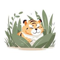 Cute tiger in a jungle. Vector illustration in flat style.