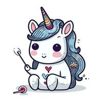 Cute cartoon unicorn with magic wand. Vector illustration isolated on white background.