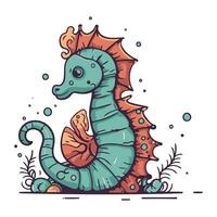 Cute sea horse. Hand drawn vector illustration in cartoon style.