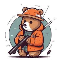 Vector illustration of cartoon bear hunter in hat and jacket with gun.