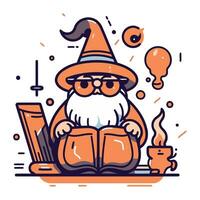 Vector illustration of cute cartoon gnome in halloween costume sitting on chair and reading a book.