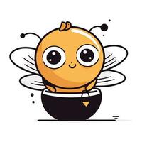 Cute cartoon bee in a pot of honey. Vector illustration.