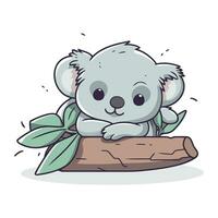 Cute koala sitting on a log with leaves. Vector illustration.